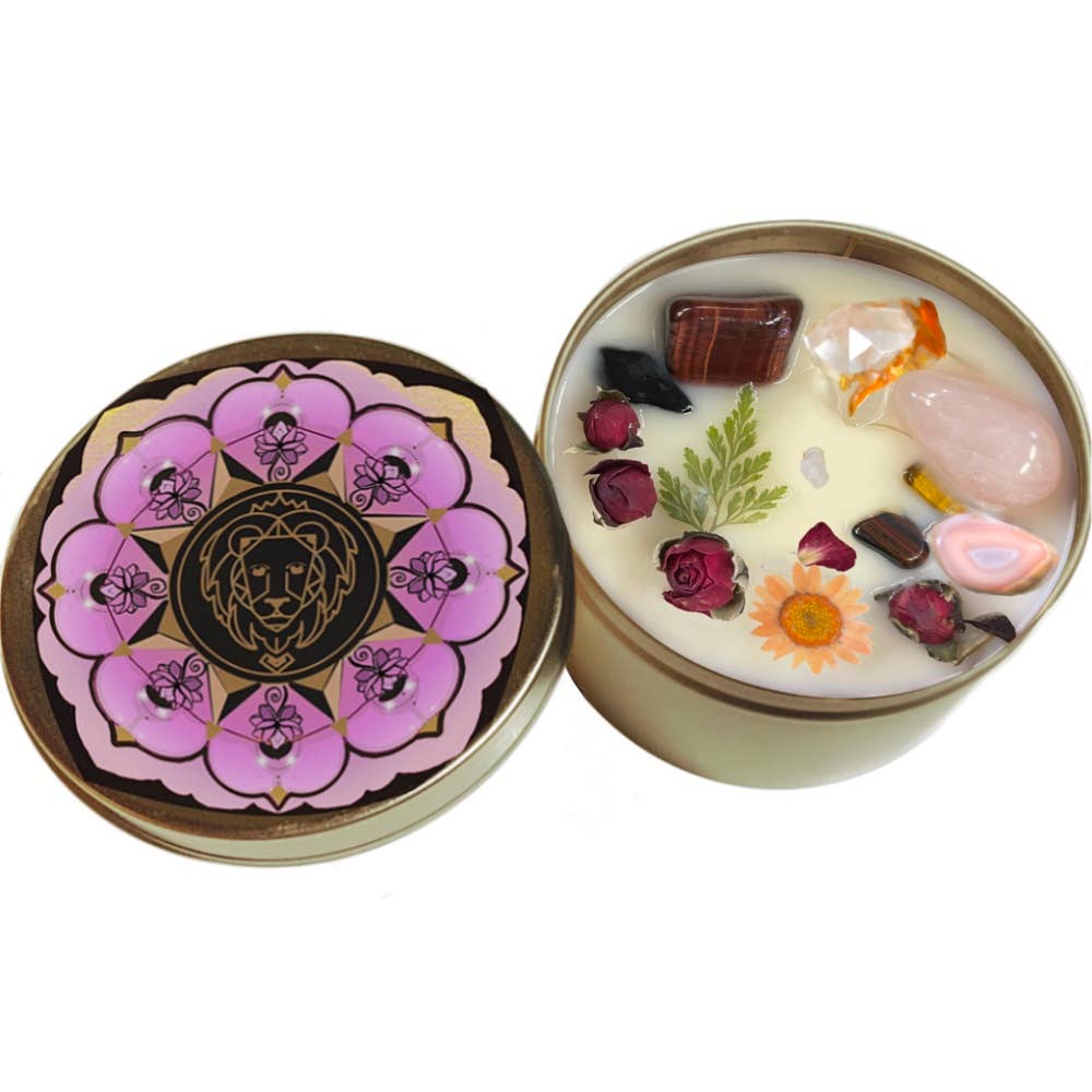 Leo Crystal Candle, Zodiac Candle w/ Gemstones + Herbs