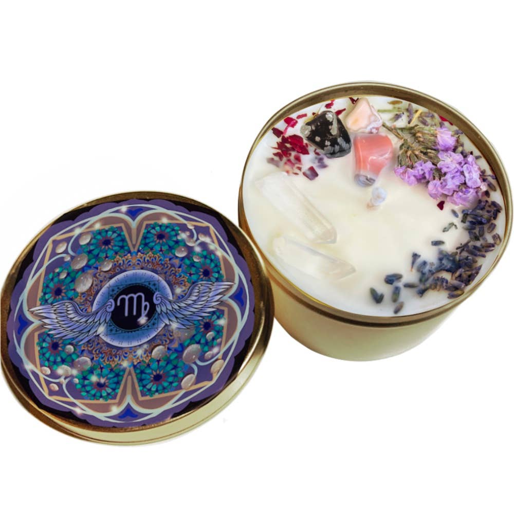 Virgo Crystal Candle, Zodiac Candle w/ Gemstones + Herbs