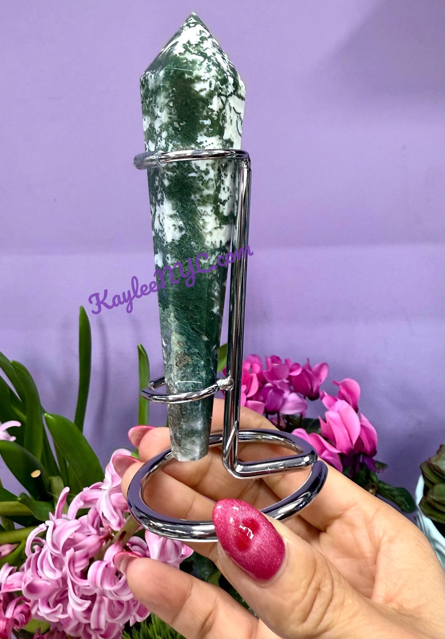 Natural Moss Agate Scepter w stand