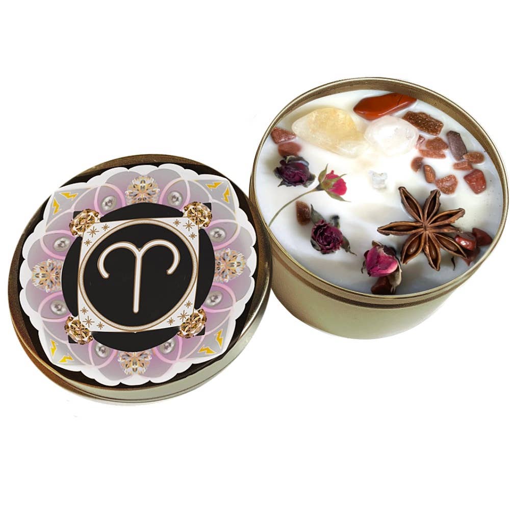 Aries Crystal Candle, Zodiac Candle w/ Gemstones + Herbs