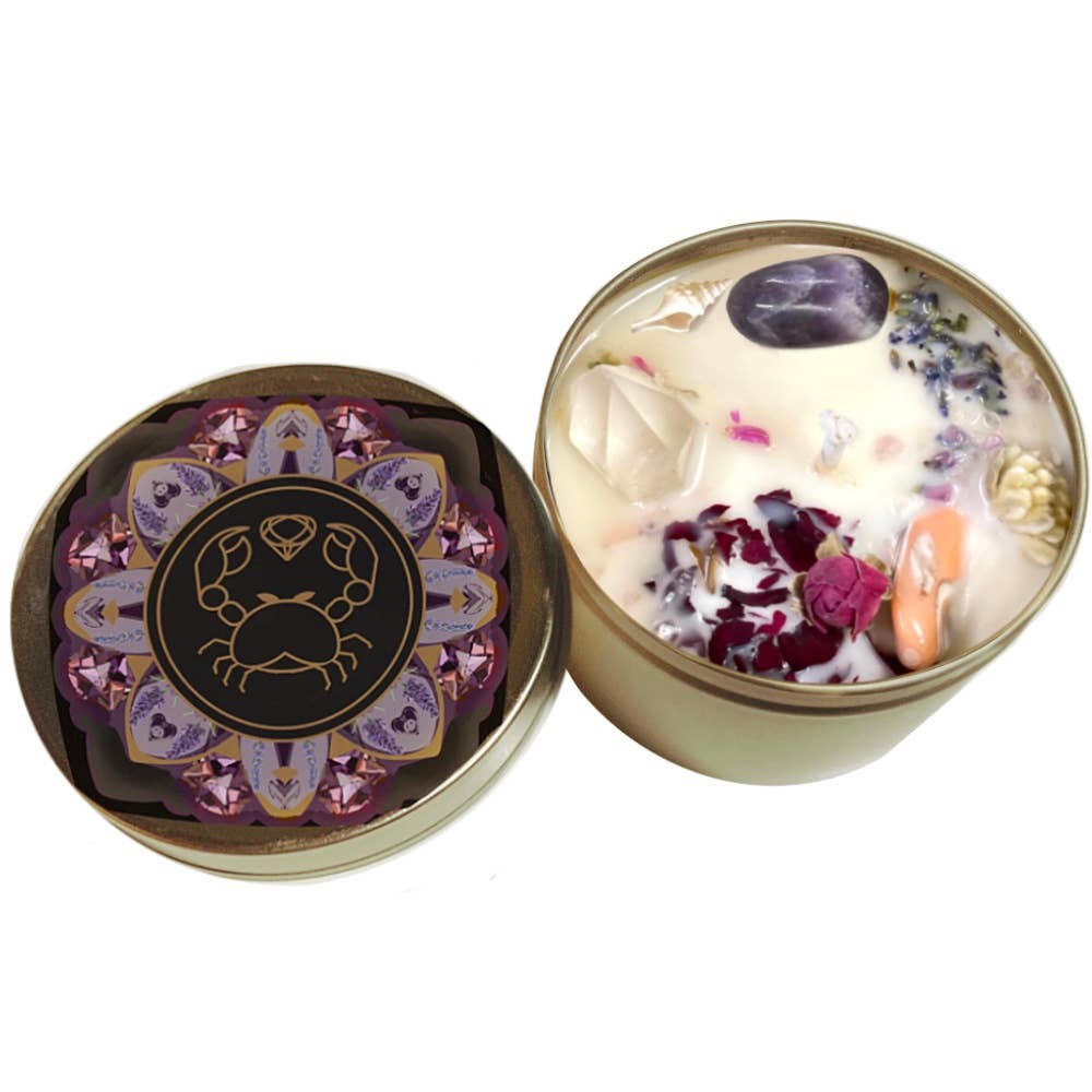 Cancer Crystal Candle, Zodiac Candle w/ Gemstones + Herbs