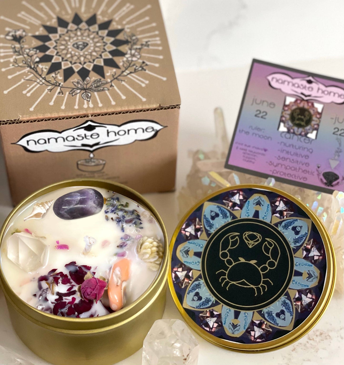 Cancer Crystal Candle, Zodiac Candle w/ Gemstones + Herbs