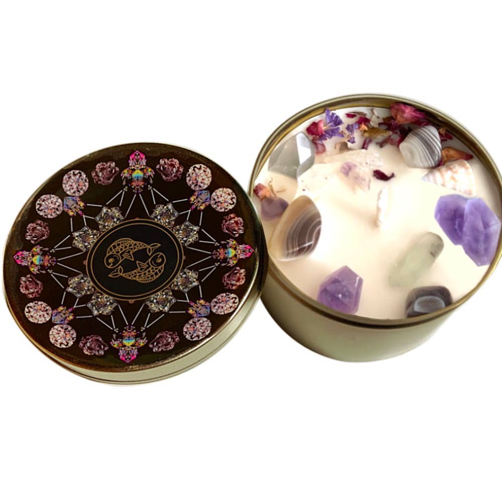 Pisces Crystal Candle, Zodiac Candle w/ Gemstones + Herbs