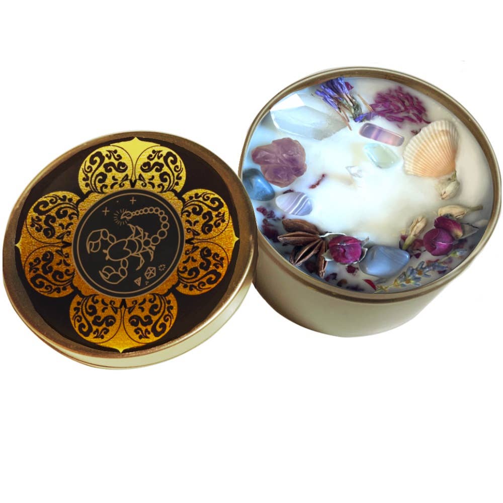 Scorpio Crystal Candle, Zodiac Candle w/ Gemstones + Herbs