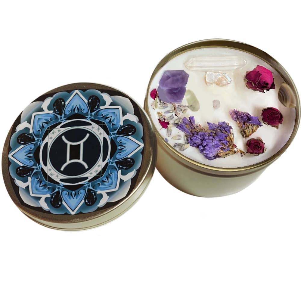 Gemini Crystal Candle, Zodiac Candle w/ Gemstones + Herbs