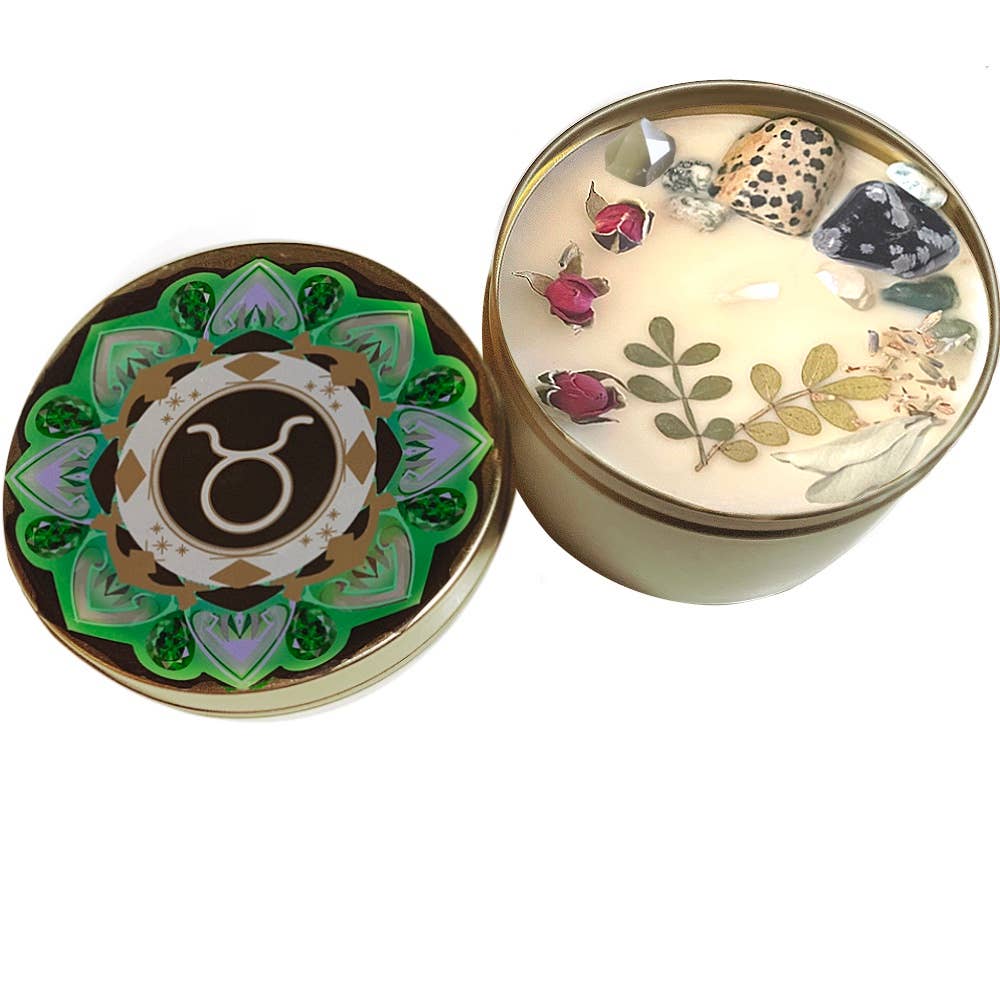 Taurus Crystal Candle, Zodiac Candle w/ Gemstones + Herbs