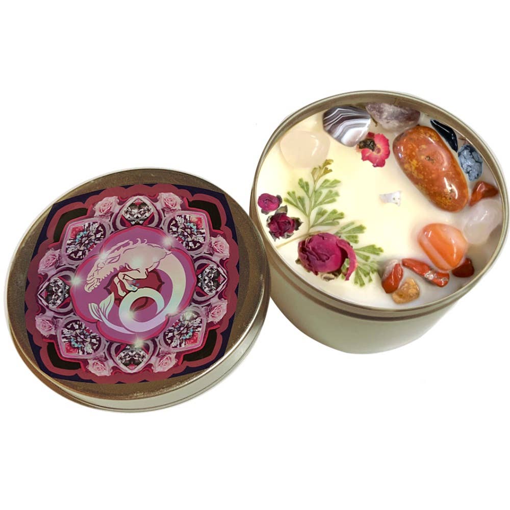 Capricorn Crystal Candle, Zodiac Candle w/ Gemstones + Herbs