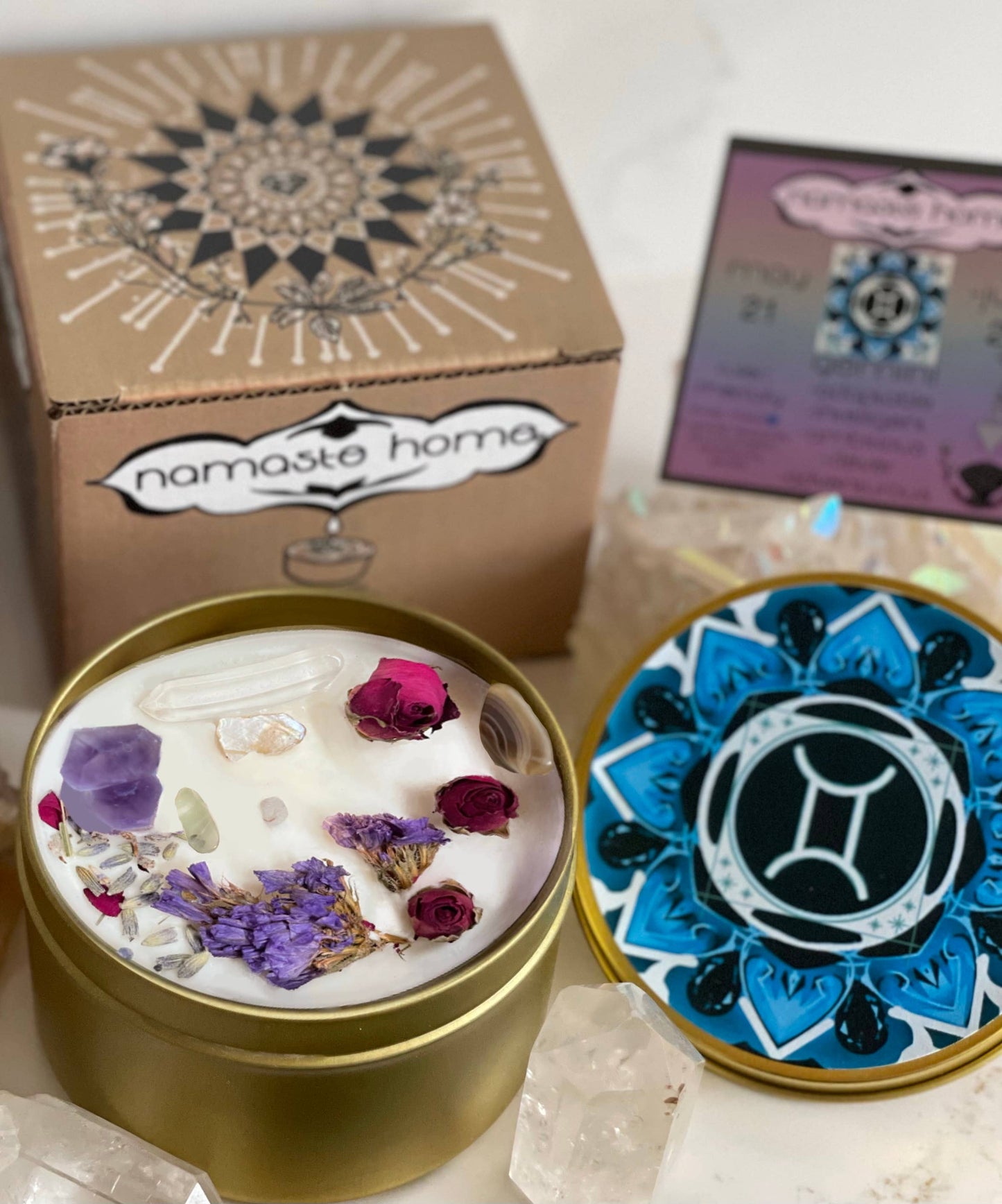Gemini Crystal Candle, Zodiac Candle w/ Gemstones + Herbs