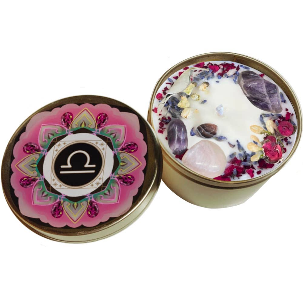 Libra Crystal Candle, Zodiac Candle w/ Gemstones + Herbs