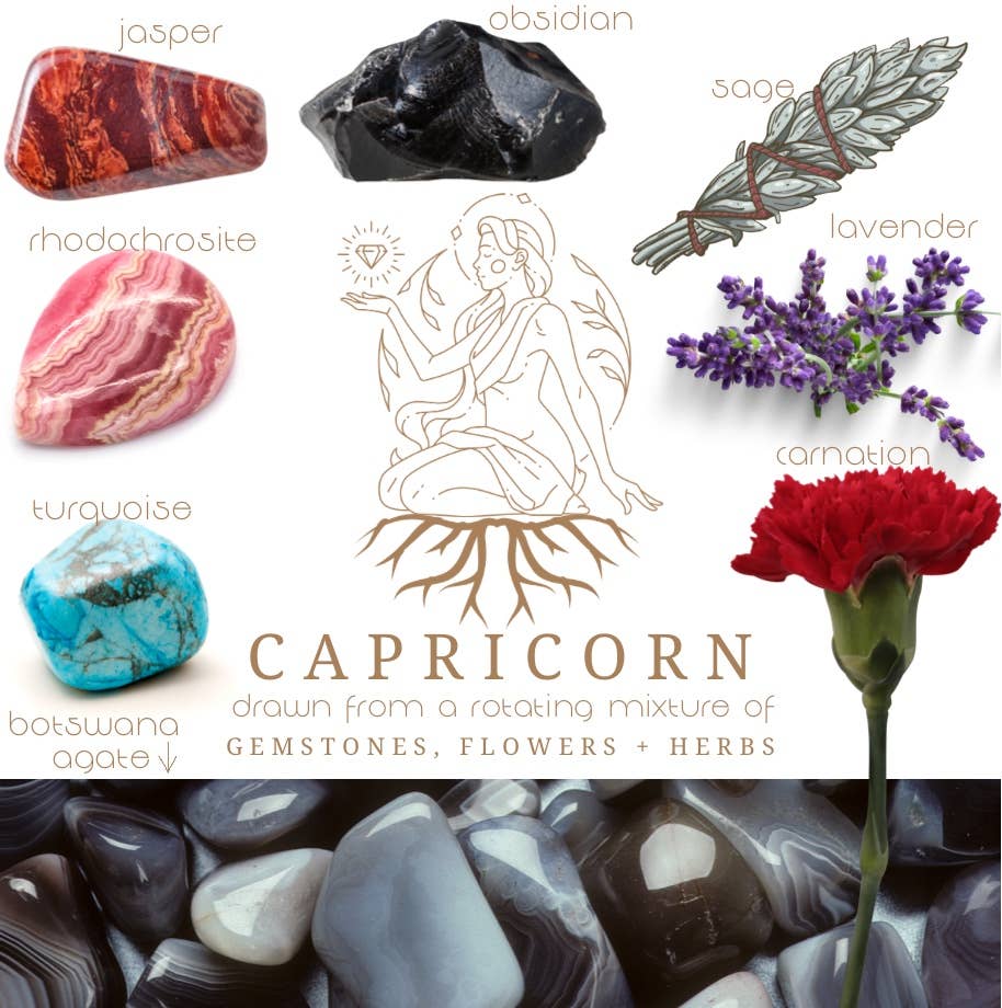 Capricorn Crystal Candle, Zodiac Candle w/ Gemstones + Herbs