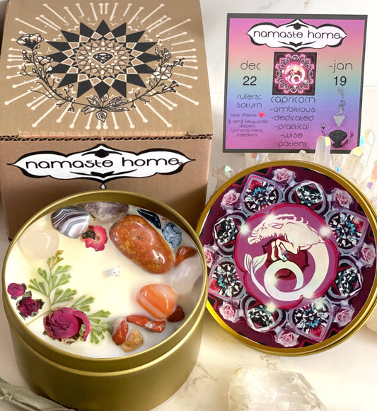 Capricorn Crystal Candle, Zodiac Candle w/ Gemstones + Herbs