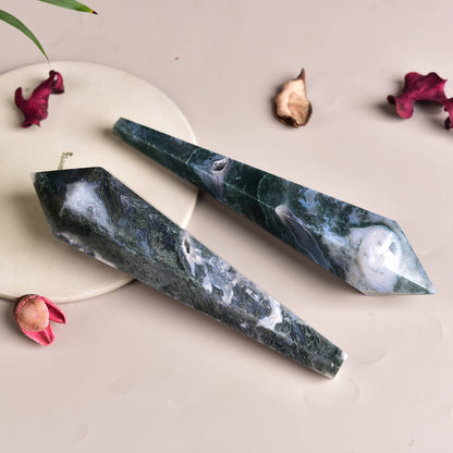 Moss Agate Stone Scepter Decorative Crystal with Free Base