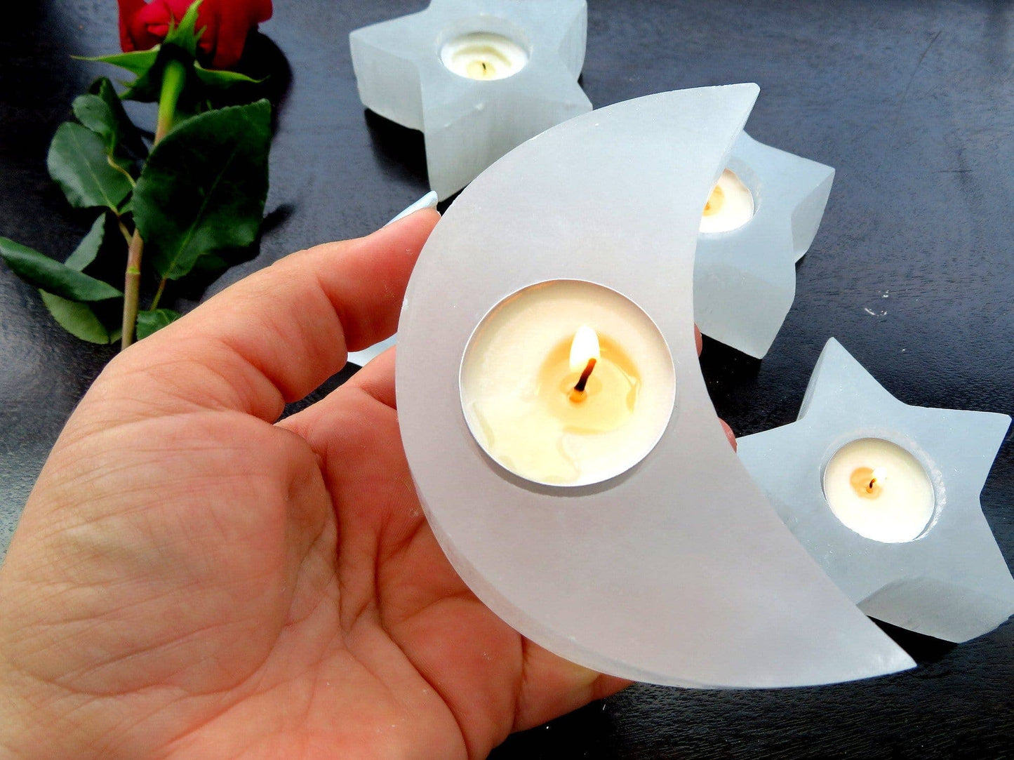 Selenite Moon Shaped Crystal Candle Holders (RK2-36)