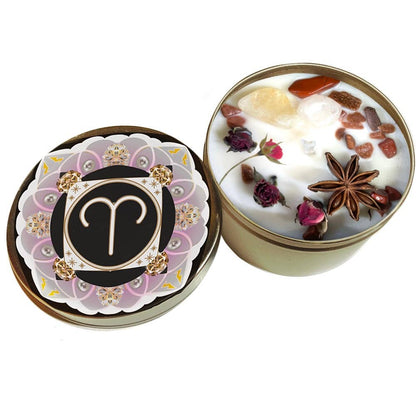 Aries Crystal Candle, Zodiac Candle w/ Gemstones + Herbs