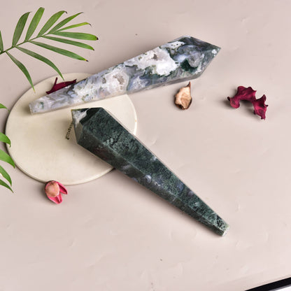Moss Agate Stone Scepter Decorative Crystal with Free Base
