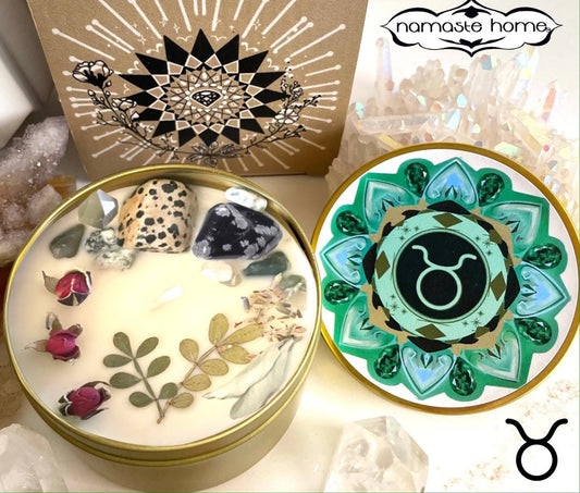 Taurus Crystal Candle, Zodiac Candle w/ Gemstones + Herbs