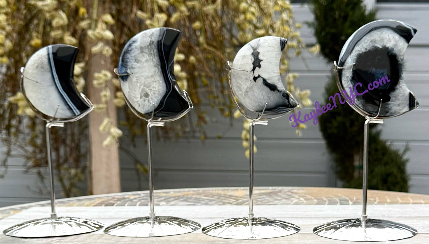 Natural Black Onyx Moon w Zodiac stand