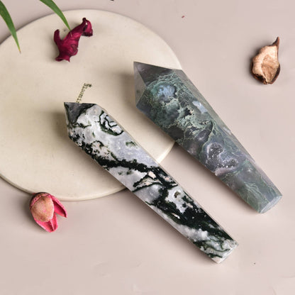Moss Agate Stone Scepter Decorative Crystal with Free Base