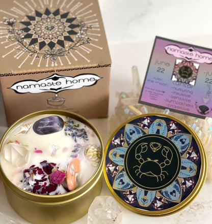Cancer Crystal Candle, Zodiac Candle w/ Gemstones + Herbs