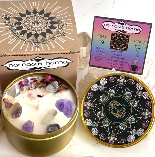 Pisces Crystal Candle, Zodiac Candle w/ Gemstones + Herbs
