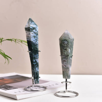 Moss Agate Stone Scepter Decorative Crystal with Free Base