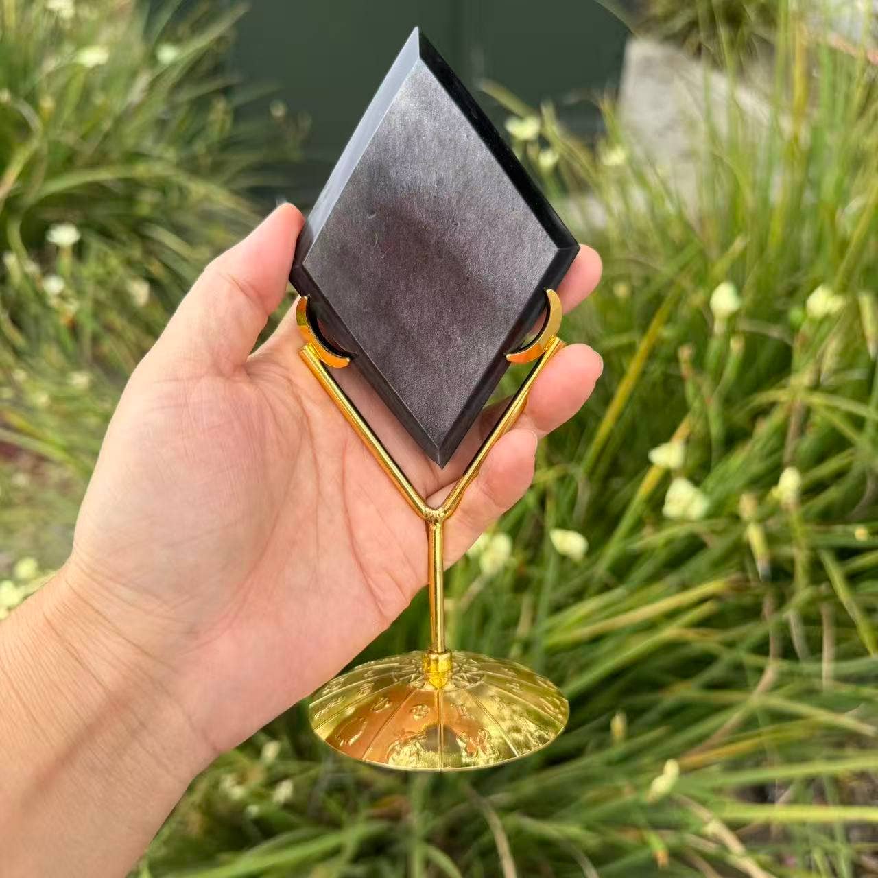 Silver Sheen Obsidian Diamond With Base – 4 Inch