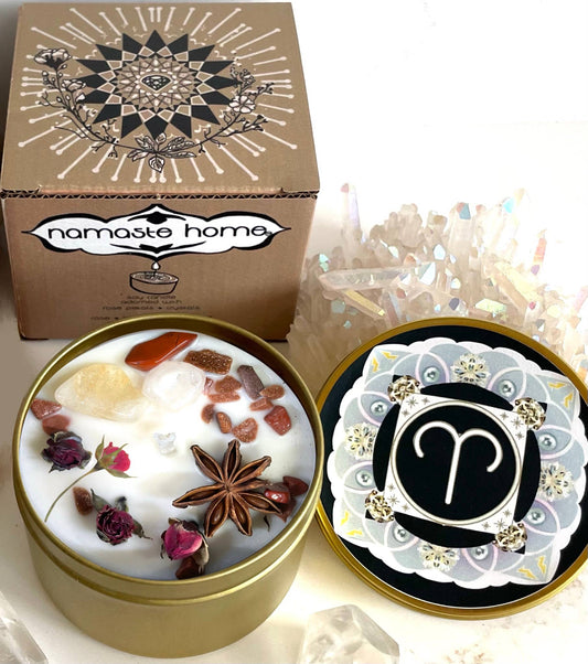 Aries Crystal Candle, Zodiac Candle w/ Gemstones + Herbs