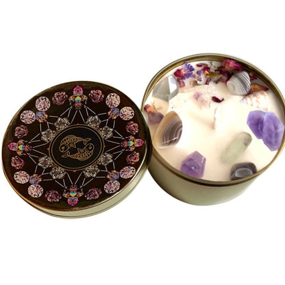 Pisces Crystal Candle, Zodiac Candle w/ Gemstones + Herbs