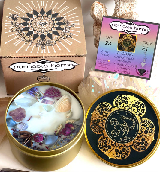 Scorpio Crystal Candle, Zodiac Candle w/ Gemstones + Herbs