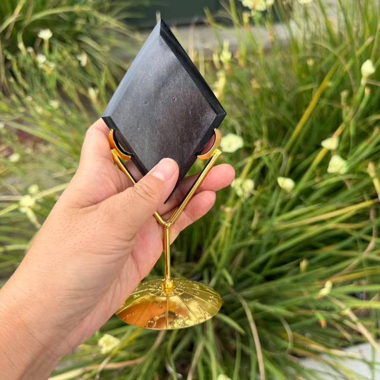 Silver Sheen Obsidian Diamond With Base – 4 Inch
