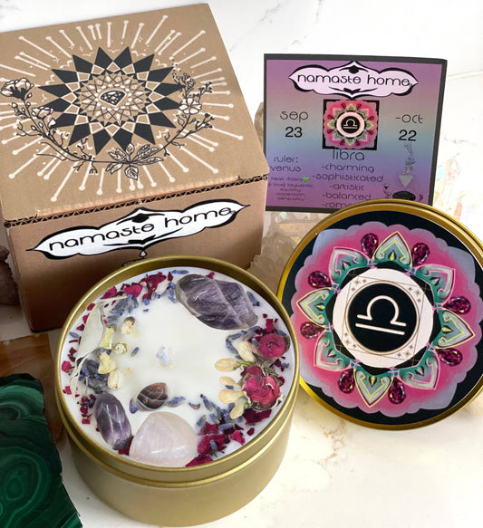 Libra Crystal Candle, Zodiac Candle w/ Gemstones + Herbs