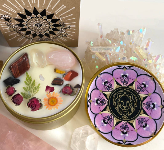 Leo Crystal Candle, Zodiac Candle w/ Gemstones + Herbs