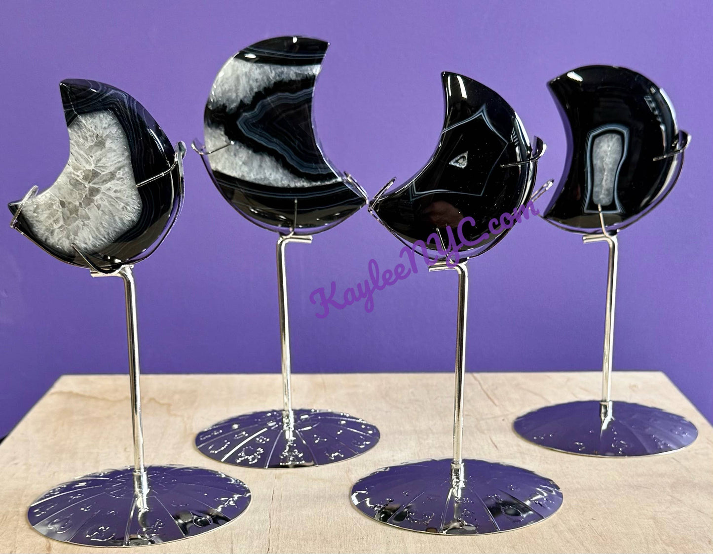 Natural Black Onyx Moon w Zodiac stand