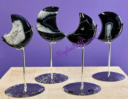 Natural Black Onyx Moon w Zodiac stand
