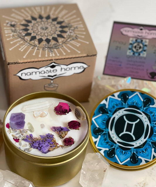Gemini Crystal Candle, Zodiac Candle w/ Gemstones + Herbs