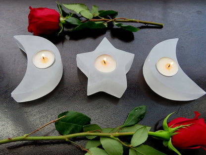 Selenite Moon Shaped Crystal Candle Holders (RK2-36)