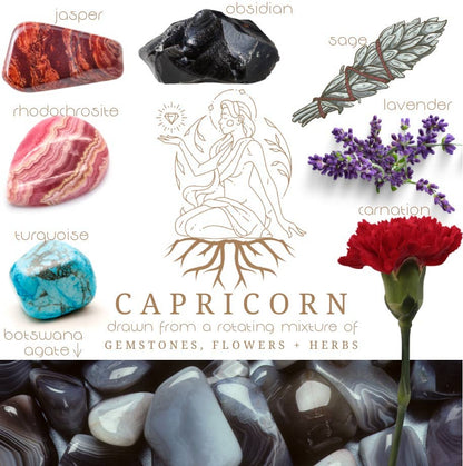 Capricorn Crystal Candle, Zodiac Candle w/ Gemstones + Herbs