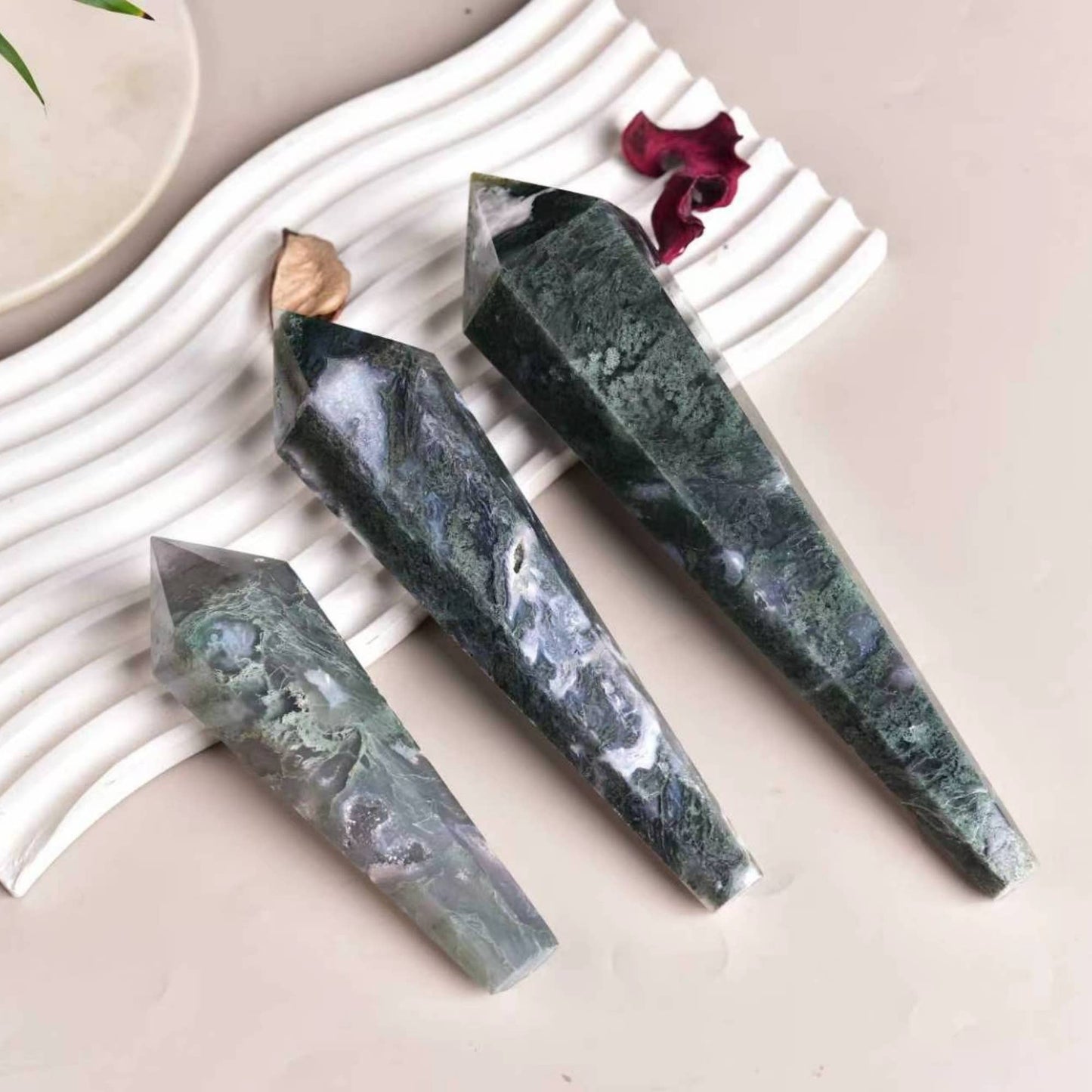 Moss Agate Stone Scepter Decorative Crystal with Free Base